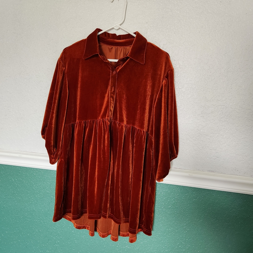 Rust Velvet Collared‎ Babydoll Dress/top Size Small